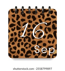 September. Leopard print calendar daily icon. White letters. Date day week Sunday, Monday, Tuesday, Wednesday, Thursday, Friday, Saturday.