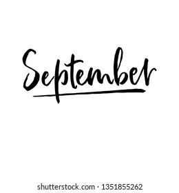 September lettering. Hand drawn vactor word. Ink handwritten text for calendar. Black illustration isolated on white backrground.