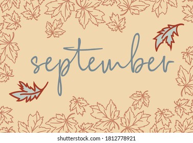 September lettering with maple leaf line art with autumn color. vector design illustration fall season