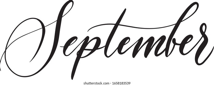 September. Lettering phrase, calligraphic black inscription on a white isolated background. Use on postcards, posters, books, design. Digital illustration. Style Lettering cartoon, outline.