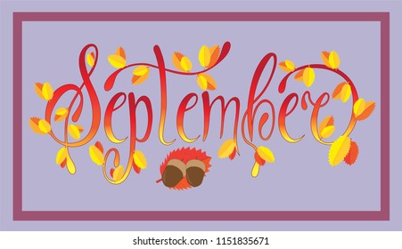 September lettering typography. Modern september calligraphy. Vector illustration on textured background as poster, postcard, card, invitation template. Concept september advertising.