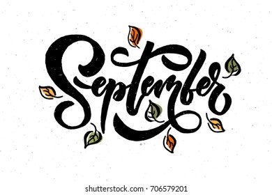 September lettering typography. Modern calligraphy. Vector illustration on textured background as poster, postcard, card, invitation template. Concept september advertising.