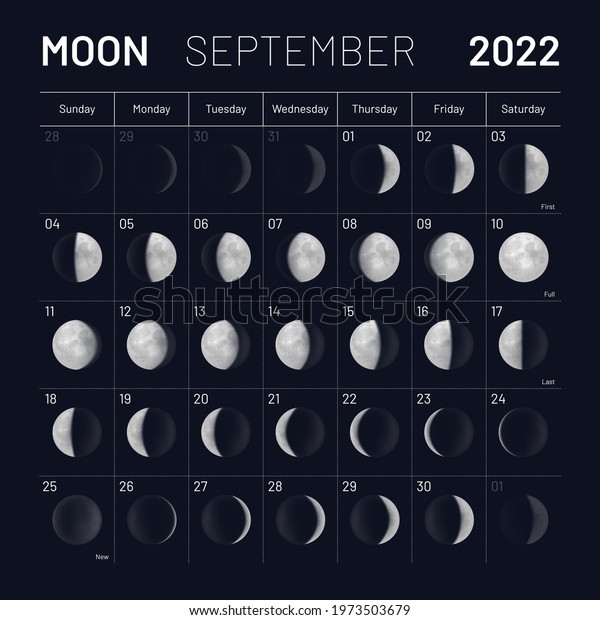 September lunar calendar 2022\
y dark sky backdrop. Month cycle planner, astrology schedule\
template, lunar phases banner, poster, card design vector\
illustration