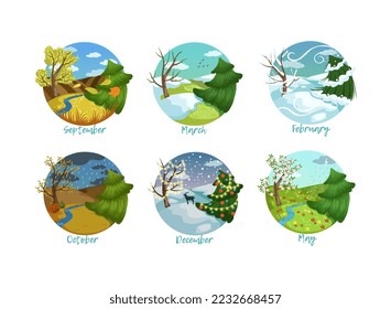 September, march, february, october, december, may months of year set. Four seasons nature landscapes in circles vector illustration