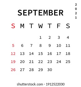 September month 2021 calendar. Vector EPS 10. Isolated on white background