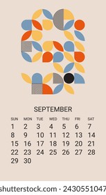 September month 2024 calendar template. Geometric planner design, desk calendar, wall calendar, minimal style. Simple vector illustration
