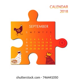 September month bright calendar of 2018 year in vector on puzzle piece. Calendar template of 2018 year. Week starts from sunday