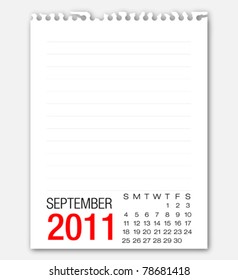 September month calendar 2011 on note paper