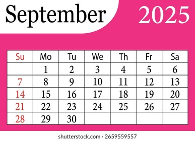 Setembro mês calendário 2025 vetor design. Calendários de setembro de 2025