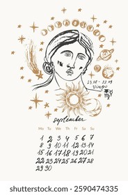 September month calendar with hand drawn virgo zodiac signs illustration, planets, sun, moon, stars. Horoscope background, astrology planner in black and gold colors.