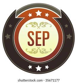 September month calendar icon on round red and brown imperial vector button with star accents suitable for use on website, in print and promotional materials, and for advertising.
