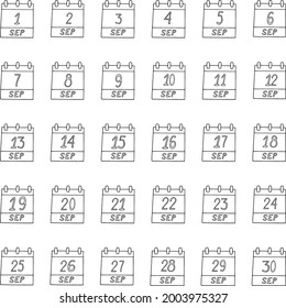 September month calendar set page hand drawn in doodle style. minimalism monochrome scandinavian nordic liner. planning, business, date, day. collection icon, print