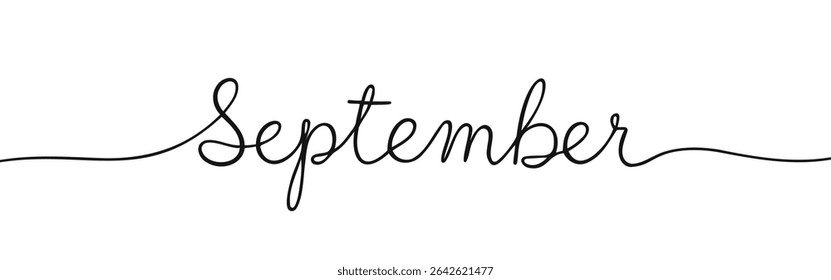 September month continuous one line drawing with word. Minimalistic drawing of phrase illustration.
