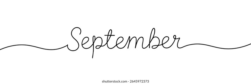 September month continuous one line drawing with word. Minimalistic drawing of phrase illustration.