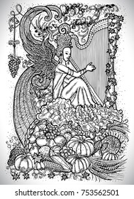 September month graphic concept. Hand drawn engraved fantasy illustration. Beautiful musician queen with arpa against the background of abundance horn with autumn harvest