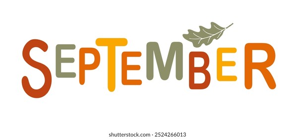 SEPTEMBER month name vector lettering with leaves Decoration. funny lettering Illustration for calendar, children's stories, posters, banners, souvenirs, t-shirts, and card designs.
