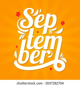 september month orange red lettering typographic word phrase  isolated flower ornament simple design vector