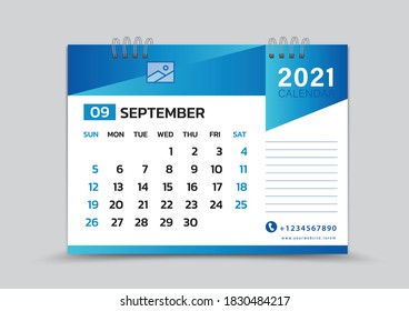 September month template, Desk Calendar 2021 Creative design can be place photo and logo, Week starts on Sunday, vector for calendar 2021 template, Blue gradient background