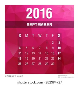 September Monthly Calendar 2016 vector design template. polygonal Pink background - abstract new year calendar template vector illustration