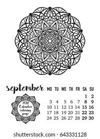 September monthly calendar 2018 with beautiful hand drawn mandala, calendar mandala coloring page template design great for adult coloring book page