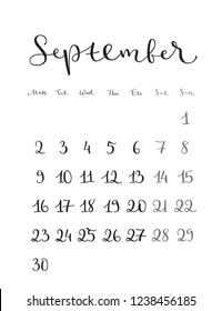 September. Monthly calendar for 2019 year. Handwritten modern calligraphy. Elegant, cute and stylish. Week starts on Monday. Perfect for planners, calendars, organizers.