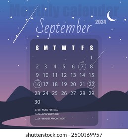 September Monthly Calendar 2024 Blue Purple Pink Landscape Mountains Clouds Stars Moon Lake Magic Mystical Vector Design