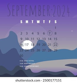 September Monthly Calendar 2024 Blue Turquoise Landscape Mountains Clouds Stars Lake Sun Rising Magic Mystical Vector Design