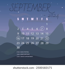 September Monthly Calendar 2024 Blue Turquoise Landscape Mountains Horizon Clouds Stars Magic Mystical Vector Design