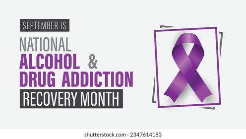 September is National Alcohol and Drug Addiction Recovery Month banner. Sleek design on off-white background with purple ribbon.