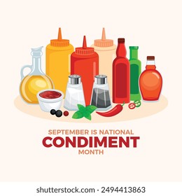 September is National Condiment Month poster vector illustration. Different types of sauce and condiments icon set. Salt, pepper, mustard, ketchup, vinegar drawing. Template for background, banner