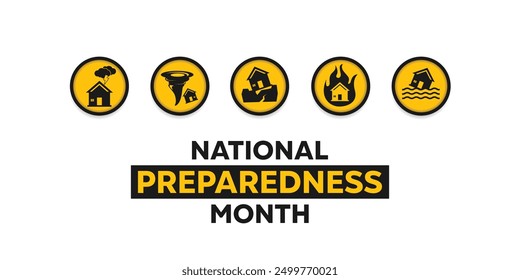 September is National Preparedness Month. Lightning, tornado, earthquake, fire, flood. Suitable for cards, banners, posters, social media and more. White background.