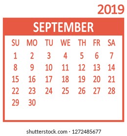 September. Ninth page of set. Calendar 2019, template. Week starts from Sunday. Vector illustration