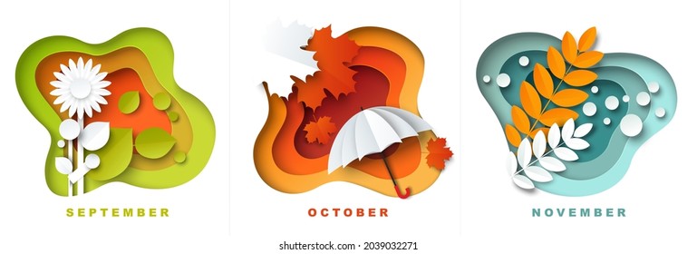 September, October and November autumn season months. Yellow, red, orange leaves, parasol, vector illustration in paper art style. Decorative fall composition set for calendar, card etc.