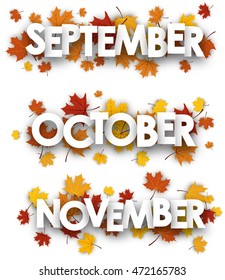 September, October, November banners with maple leaves. Vector paper illustration.