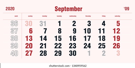 September Page 09 Month Premium 2020 Year Calendar Stylish Grid English Classic Style. Luxury template vector design