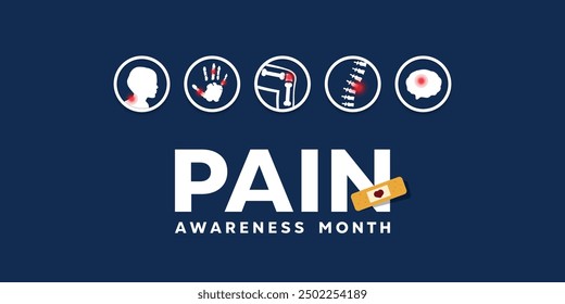 September is pain Awareness month. Back, hand, knee, spine and brain. Suitable for cards, banners, posters, social media and more. Dark blue background.