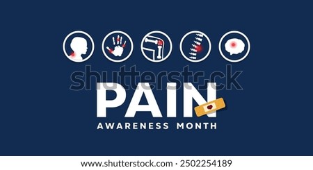 September is pain Awareness month. Back, hand, knee, spine and brain. Suitable for cards, banners, posters, social media and more. Dark blue background.