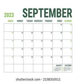 Septiembre. Planner 2023 año. Plantilla de calendario cuadrado vectorial en inglés. Diseño minimalista. La semana empieza el domingo