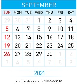 September Planner Calendar 2021. Illustration of Calendar in Simple and Clean Table Style for Template Design on White Background. Week Starts on Sunday