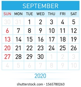September Planner Calendar. Illustration of Calendar in Simple and Clean Table Style for Template Design on White Background. Week Starts on Sunday