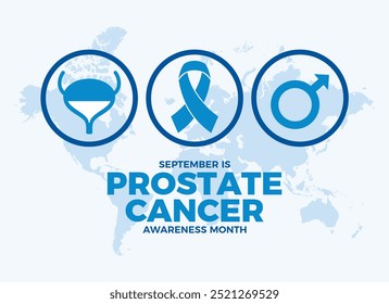 September is Prostate Cancer Awareness Month poster vector illustration. Blue awareness ribbon, bladder, male symbol icon set vector. Template for background, banner, card. Important day