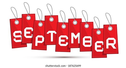 September Red Discount Sale Paper Label, Tag With Strings