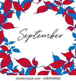 September script word in a social media post or banner design template with autumn leaves. Vector illustration for poster, postcard, greeting card, invitation template. Concept September advertising.