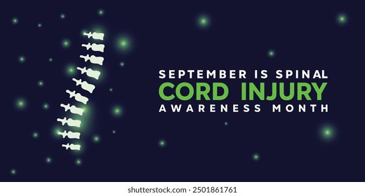 September is Spinal cord injury awareness month. Spine and lights. Great for cards, banners, posters, social media and more. Dark blue background.