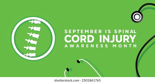 September is Spinal cord injury awareness month. Spine and stethoscope. Great for cards, banners, posters, social media and more. Green background.