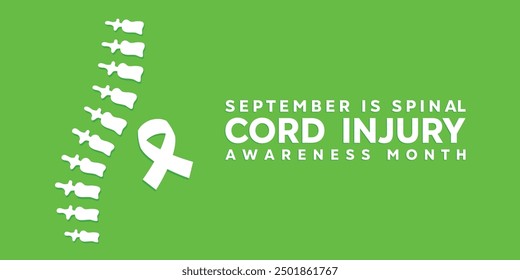 September is Spinal cord injury awareness month. Spine and ribbon. Great for cards, banners, posters, social media and more. Green background.