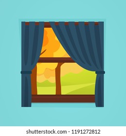 September sunny day. Cartoon autumn window view. Classic retro home inside, wall, windowsill, curtain. Warm day outside.  Eps 10 vector illustration.