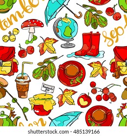 September. Teapot and tea cup. Umbrella and rubber boots. Leaves, acorns and berries. School backpack and globe. Seamless vector pattern (background).