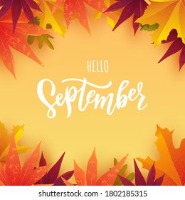 September text. Hand lettering typography with bright autumn leaves. Vector illustration as poster, postcard, greeting card, invitation template. Concept September advertising