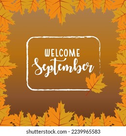 Texto de septiembre. Tipografía con letras manuales con hojas de otoño brillantes. Ilustración vectorial como afiche, postal, tarjeta de saludo, plantilla de invitación.